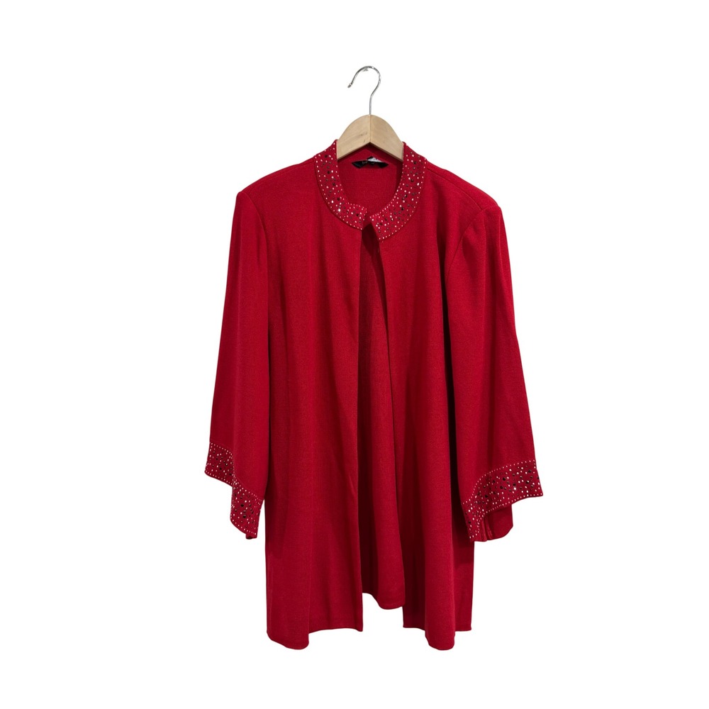 Misook Red Knit Rhinestone Embellished Open Front Cardigan Jacket Sz M